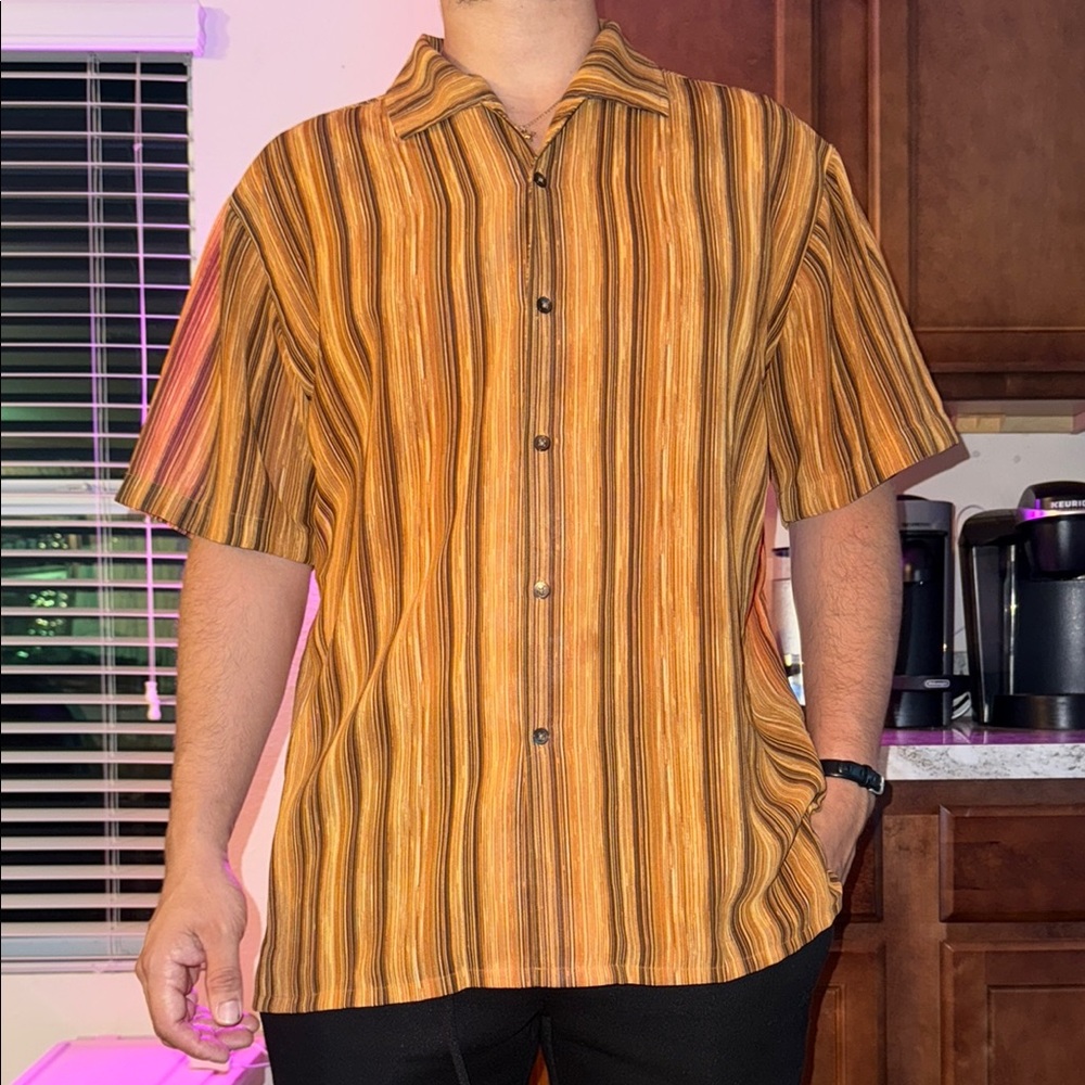 Kenneth Cole NY Striped Brown Short Sleeve sheer ish Men's Shirt